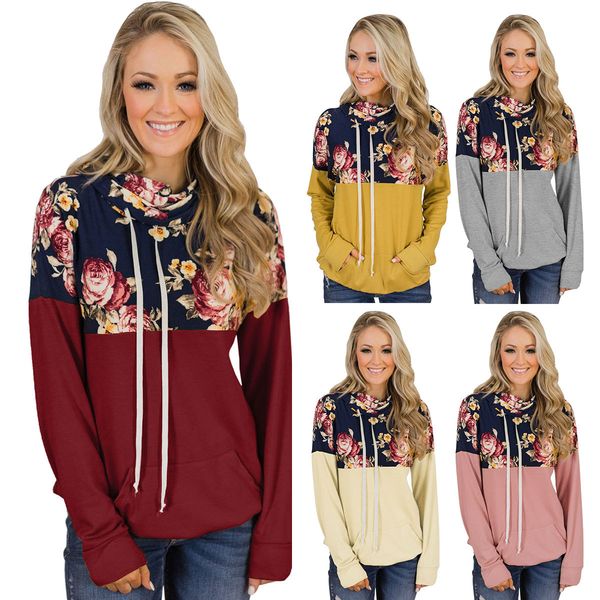 

womens european-and american-style new style for autumn and winter printed drawstring sweater for 2019 heap collar, Black