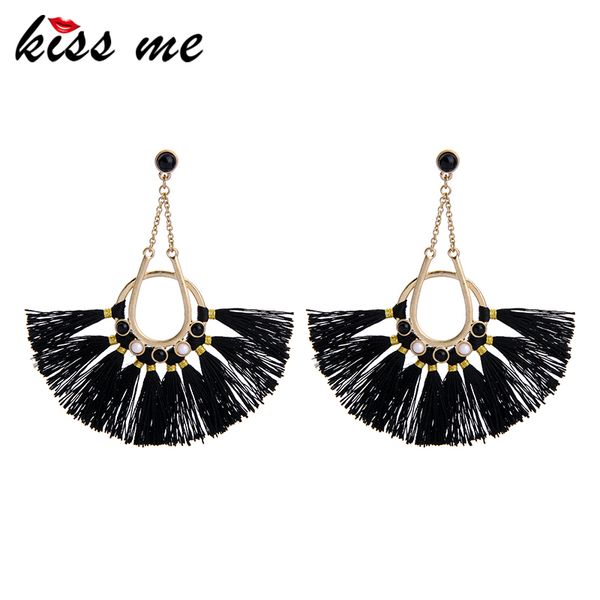 

kiss me fan shape dangling pink & black tassel earrings fashion jewelry ethnic big earrings for women, Silver