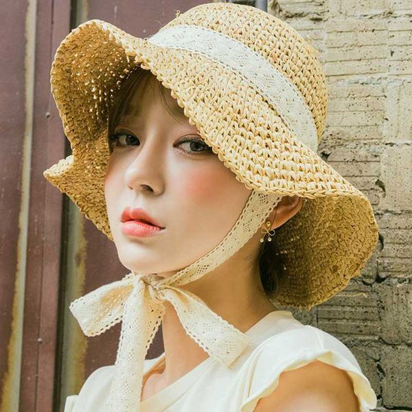 

2020 bandage stringing summer hat womens cotton wave brim sun hats foldable leisure cap fashion sun beach caps literary girl j1, Blue;gray