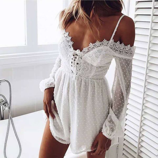 

Off Shoulder Lace Up Womens Playsuits Appliques Long Lantern Sleeve V-neck Fringed Romper Woman 2020 High Waist Summer Playsuit