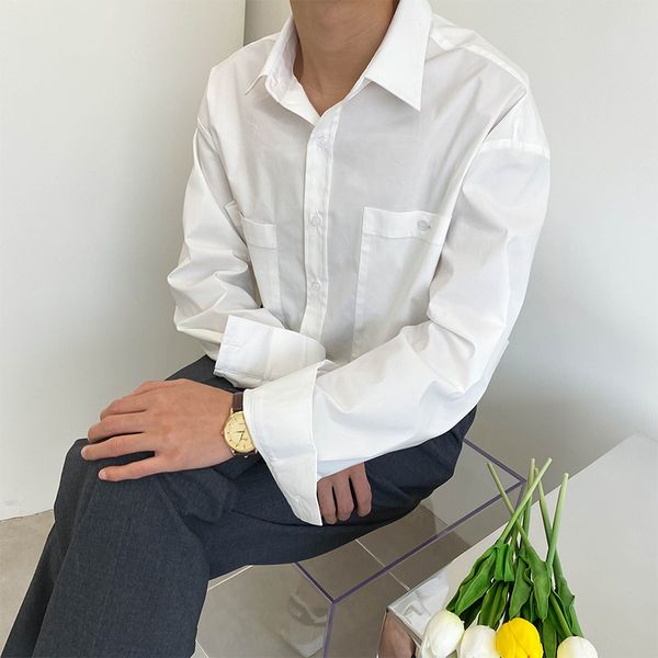 

men's casual shirts male japan korea style solid color cargo men streetwear fashion loose long sleeve, White;black