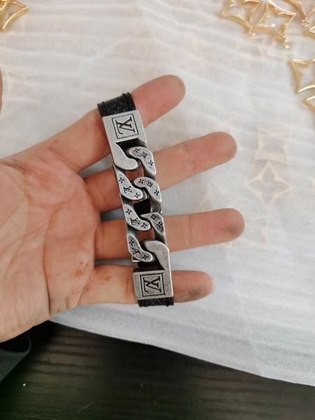 

monochain reverso design men women bracelet titanium steel with leather engrave silver thick chain link bracelets with box v48, Black