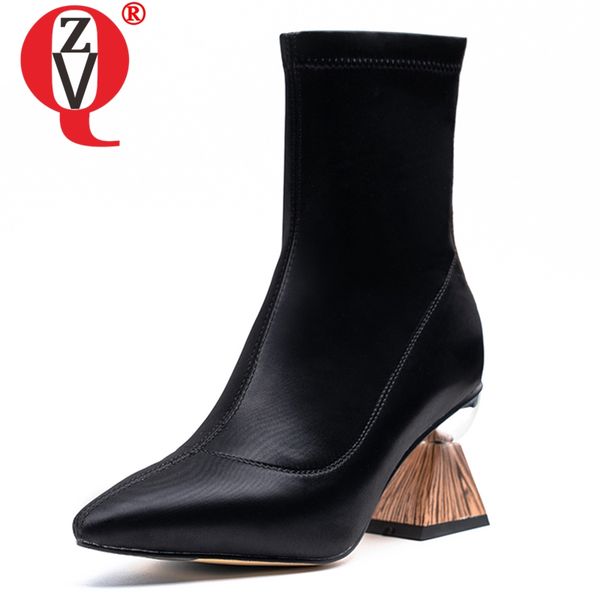 

zvq satin women's shoes office cow leather 7cm high heels ankle boots autumn wedding shoes 34-40 cn drop shipping, Black