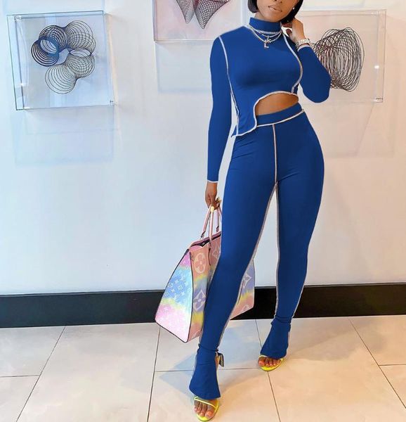 

women's tracksuits elastic hight fitness tracksuit two piece set women asymmetry outfit turtleneck fashion crop pants streetwear clothe, Gray