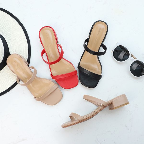 

summer 2020 women slippers shoes woman med square high heels flats sandals solid slide slippers ladies wedding pumps nude, Black