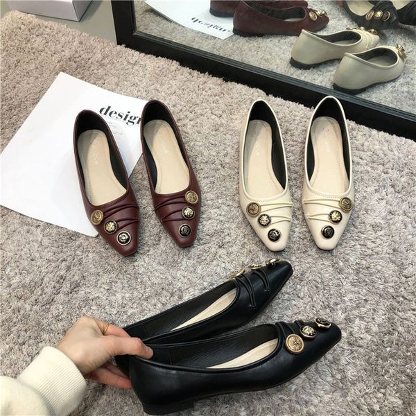

flats loafers women pointed toe shallow slip on comfortable casual shoes solid color metal slippers a pedal pea shoes j15-74, Black