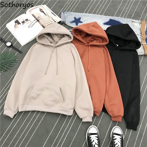 

hoodies women 2020 hooded leisure solid simple all-match soft thicker plus velvet sweatshirts womens korean style harajuku cute, Black