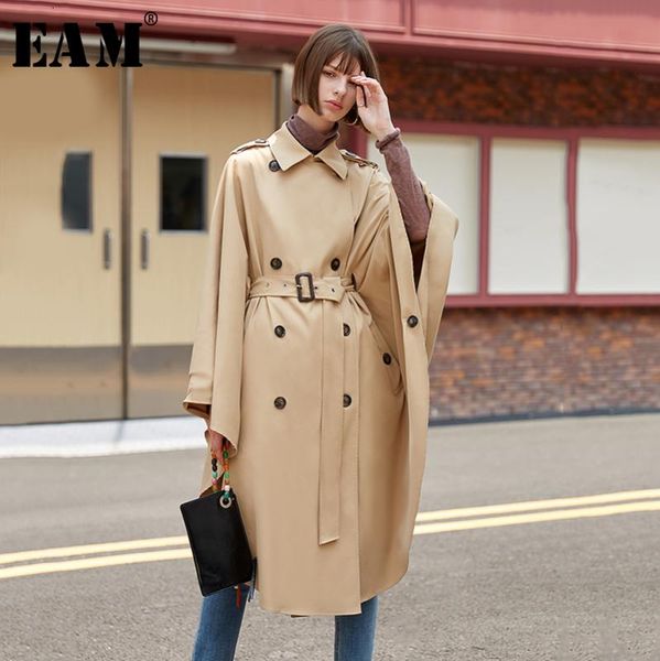 

[eam] women big size double breasted cloak trench new lapel long sleeve loose fit windbreaker fashion spring autumn 2020 1d110, Tan;black