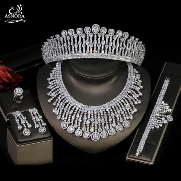 

luxury dubai full set of bridal wedding jewelry wedding headdress cz set necklace drop earrings bracelet and ring 4 pieces, Silver