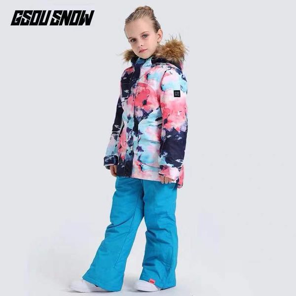 

gsou snow kids ski suit girls ski jacket pant snowboard clothing trouser fur hooded winter clothing windproof waterproof warm
