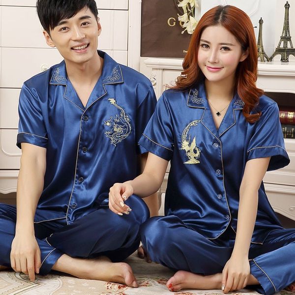 

couple short sleeve pajamas set embroidery pyjamas suit satin men & women sleep set casual home wear home suit big size 3xl, Black;brown