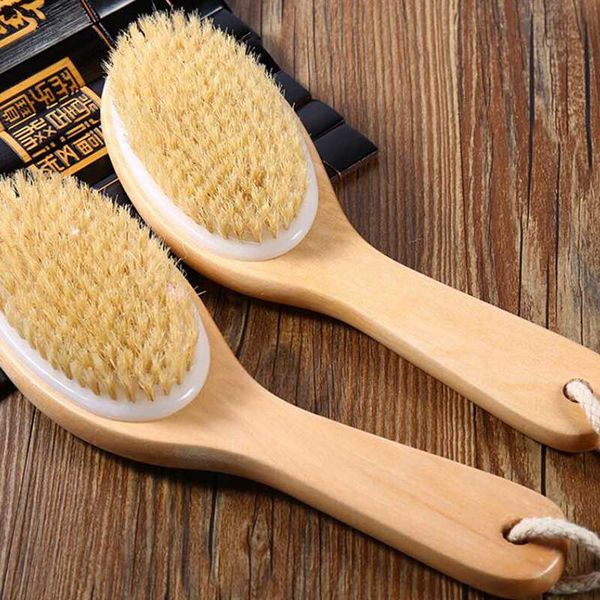 

natural bristle middle long handle wooden scrub skin massage shower body bath brush round head bath brushes bathroom accessories