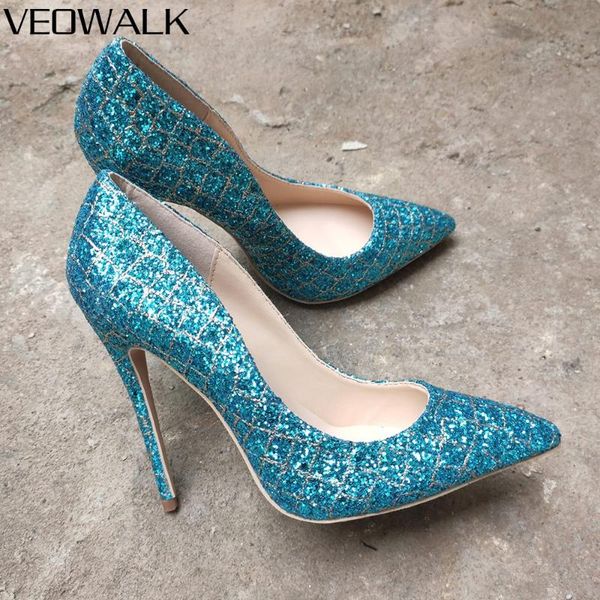 

veowalk plaid shiny sequins women high heels ladies pointed toe stiletto pumps woman slip on wedding party dress shoes, Black