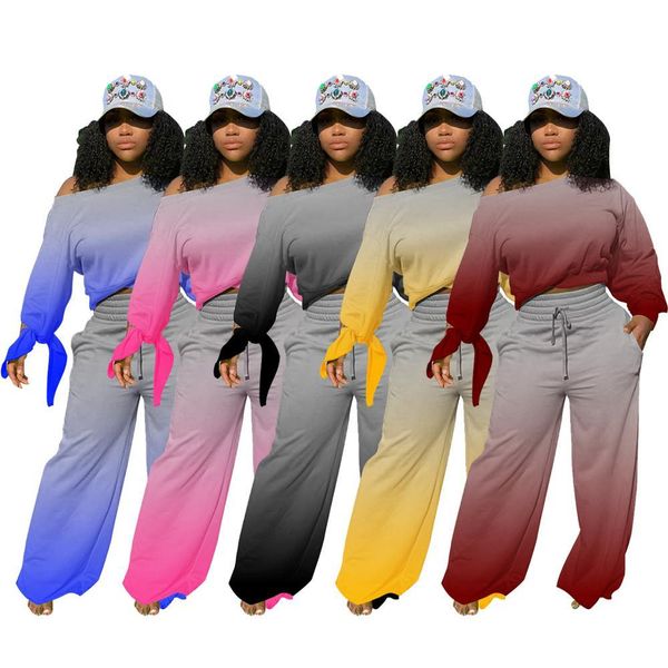 

2020 autumn women gradient printed two pieces sets popluar style slash neck long sleeves bow t shirt + wide leg pants x0923, Gray