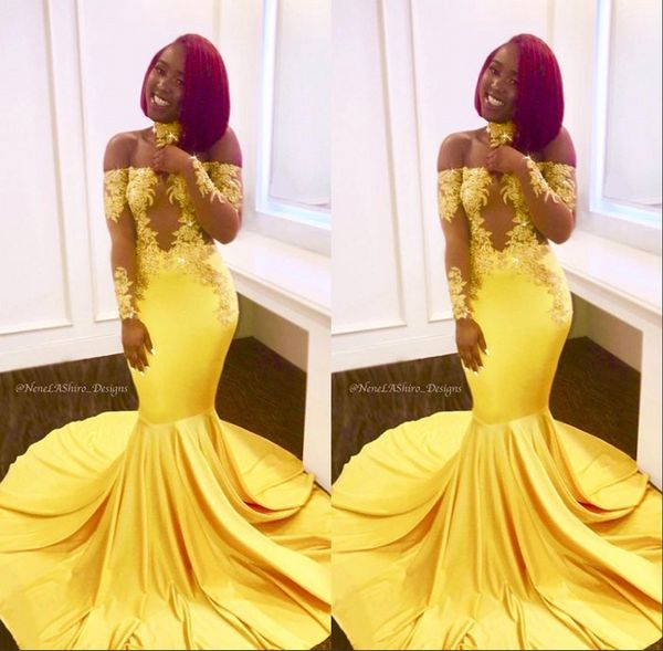 

yellow elegant off the shoulder lace prom evening dresses formal long sleeves mermaid appliques satin arabic long african formal 2019 custom, Black
