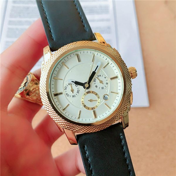 

full-featured quartz men watch 3 dial 6 needles all dials can work gold fashion casual automatic date chronograph men watches, Slivery;brown