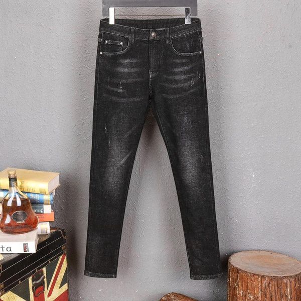 

2020 new hole distrress jeans famous men's long straight fit jeans casual denim washed denim jeans trousers large, Blue