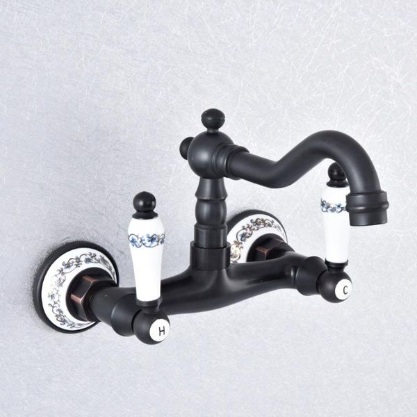 

black bronze bathroom faucet wall mounted basin faucet 360 degree swivel spout double handle cold water mixer tap lsf761
