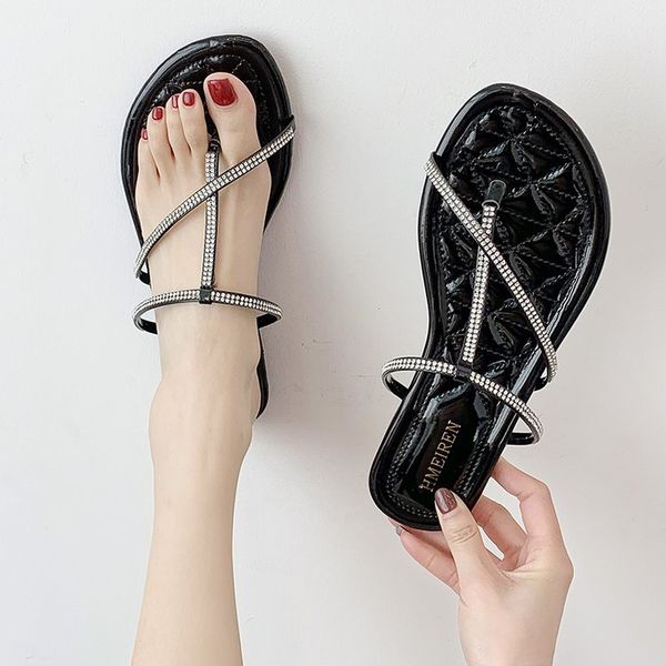 

2020 summer new women crystal flatsslippers female fashion concise flip flops slippers ladies outside casual beach slippers, Black