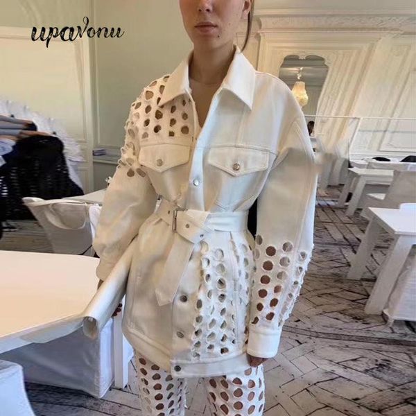 

2020 new autumn hollow lady denim jacket lapel long sleeve casual long jacket denim with belt women fashion punk, Black;brown