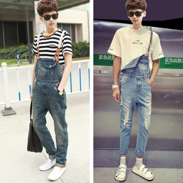 

new spring and summer bib pants men's fashion the trend of fashion straight slim spaghetti strap one piece jeans, Blue