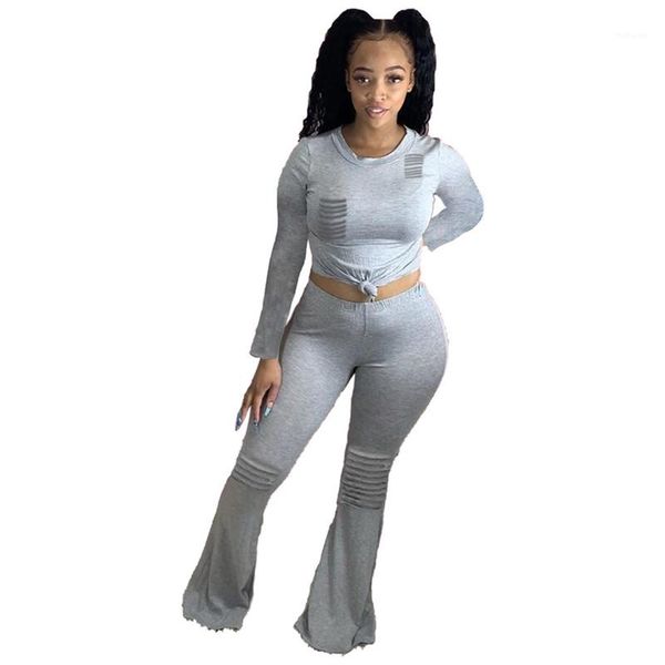 

pleated flared pants woman 2pcs sets clothing women tracksuit fashion hole panelled natutal color suits casual long sleeve crop, Gray