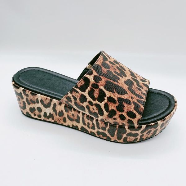 

large size 41 42 leopard shoes for women slip on open toe summer shoes wedge heeled slides camouflage high slippers ladies new, Black