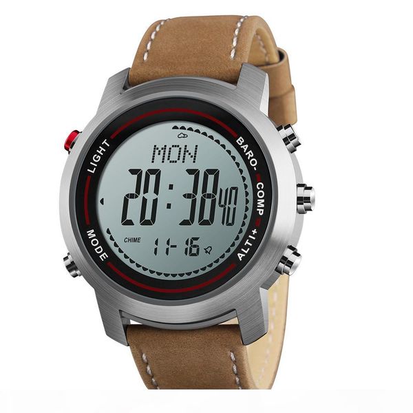 

men's fashion leather band multi-function 5atm stainless steel dial mountaineer sports watch altimeter barometer thermometer y19052004, Slivery;brown