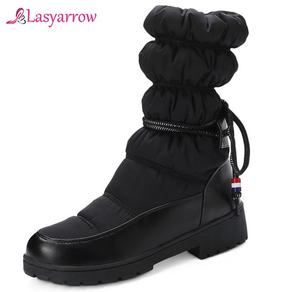 

lasyarrow plus size mid long boot sewing pleated block heels down cotton red white warm plush womens shoes cute snow boots j1170, Black