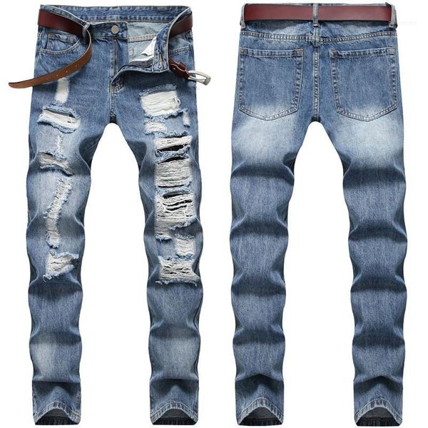 

clothing 2020 new european and american style distressed jeans mens designer straight skinny hole pants male, Blue