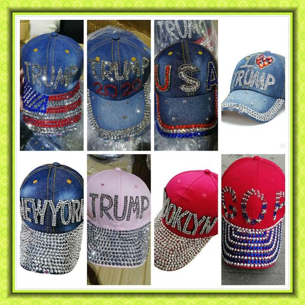 

diamond trump baseball cap usa hat election campaign hat cowboy cap adjustable snapback women men denim diamond hat vs biden wholesale, Blue;gray