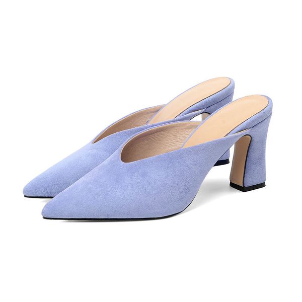 

2020 women faux suede high heels fashion pointed toe slippers ladies square heel party summer shoes women big size, Black