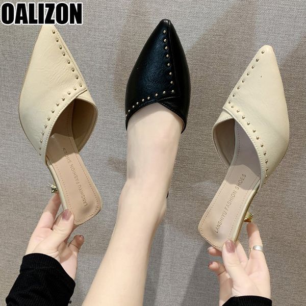 

ladies women pointed toe rivets slippers slides mid heels stilettos mules casual woman loafers lazy sandals slippers shoes #168, Black