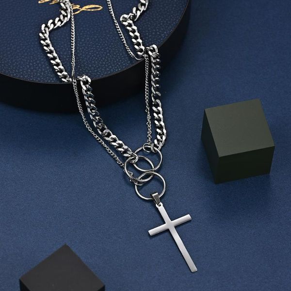 

hip-hop men's cross pendant necklace stainless steel double-layer chain link punk necklaces for men male jewelry, Silver