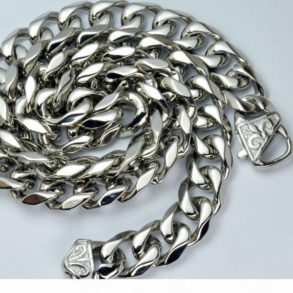 

silver tone stainless steel mens necklace solid cuban curb chain24" 13.5mm (n335