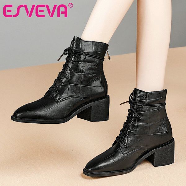 

esveva 2021 western style cow leather zipper ankle boots winter women shoes high heel lace up retro boots size 34-42, Black