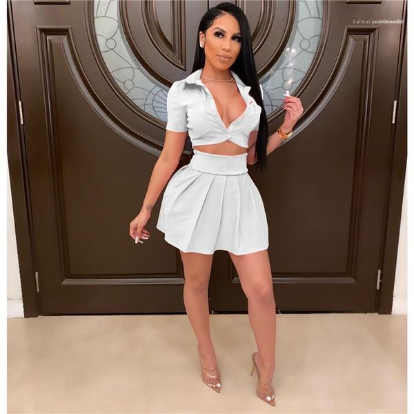 

skirt womens exposed belly two piece dress solid color v neck short sleeve tshirt high waist, White
