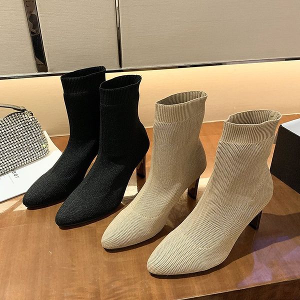 

2020 women fashion 9cm high heels boots stretch sock ankle boots female nightclub fetish low heels mom shoes, Black