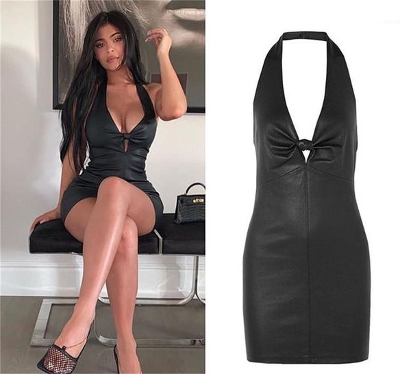 

party club dress women pu dresses street style deep v neck backless halter skinny dress fashion women, Black;gray