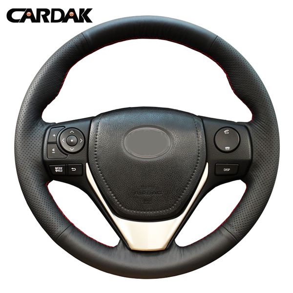 

black leather car steering wheel cover for toyota auris e'z rav4 2013 corolla 2013-2017 hand-stitched steering cover