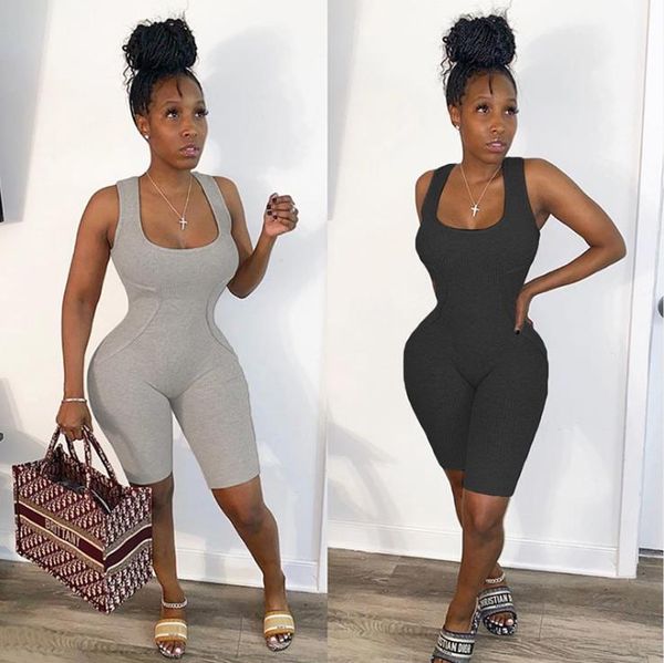 

women sport fitness rompers playsuit 2020summer casual slim sleeveless shorts playsuit workout running cycling black/grey, Black;white