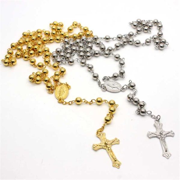 

pendant necklaces gold christian catholic cross virgin holy christ necklace for women men rosary prayer beaded jewelry, Silver