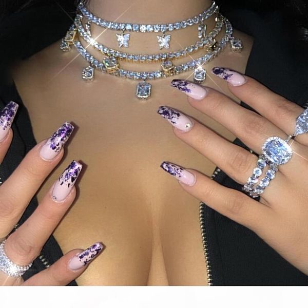 

2020 luxury pink pinky clear cz tennis chain butterfly drop charm choker necklace girl women ladies fashion rock hip hop jewelry, Silver