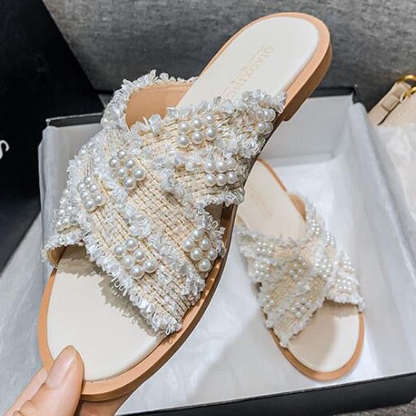 

summer shoes women fashion pearl slippers ladies cross slipper for women non-slip outdoor casual sandals and slippers sh428, Black