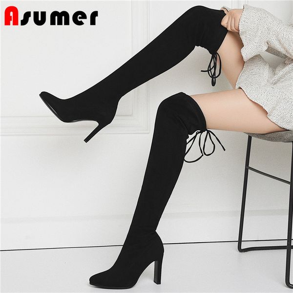 

asumer big size 34-43 over the knee boots women pointed toe cross tied long boots high heels shoes flock thigh high 2020, Black
