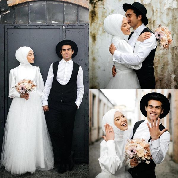 

middle east muslim wedding dresses with hijab plus size bridal gowns long sleeves satin elegant vestido de novia, White