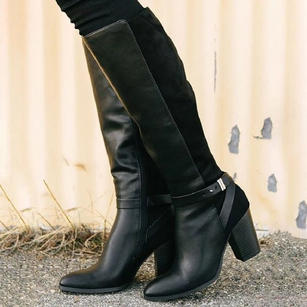 

boots over the knee women shoes autumn winter pu leather splice high heels long vintage platform ladies thigh, Black