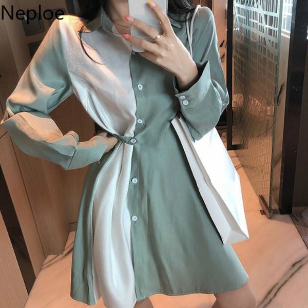 

neploe contrast color patch autumn dress slim waist button design slim vestido turn down collar long sleeve casual ropa new48212, Black;gray