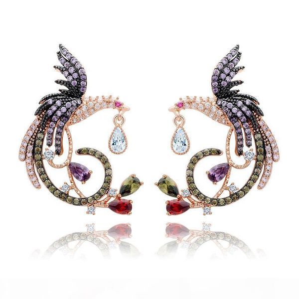 

shining colorful zircon drop earrings chinese phoenix fine jewelry wedding dangle earrings for women gril gift, Golden;silver