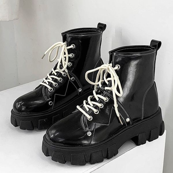 

nc women fashion patent leather platform ankle boots high heels waterproof booties woman thick bottom non-slip botas mujer, Black